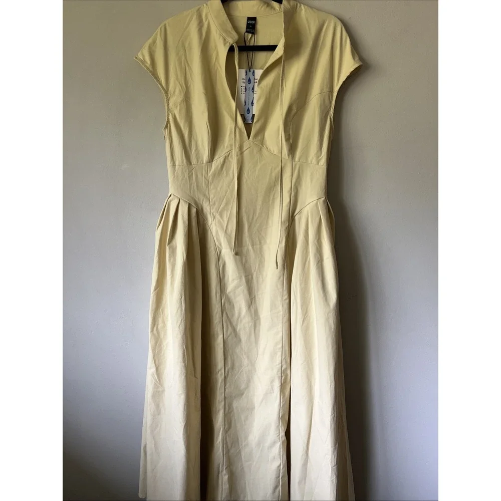 Cider STAND COLLAR TIE-NECK SHORT SLEEVE DRAPED POCKET FLARED MAXI DRESS XL 10